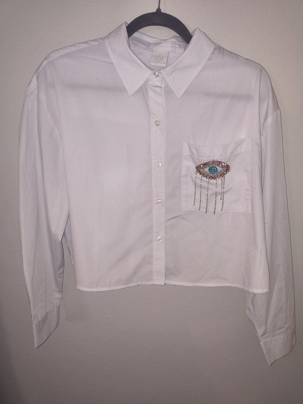 LIFE White Cropped Button Down Evil Eye Rhinestone Shirt Size M